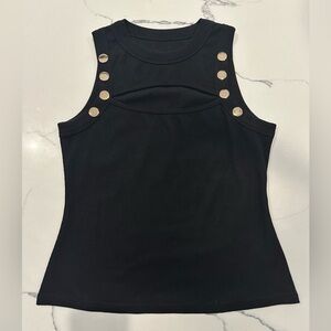 SHEIN Black Ribbed Tank with Gold Button Accents